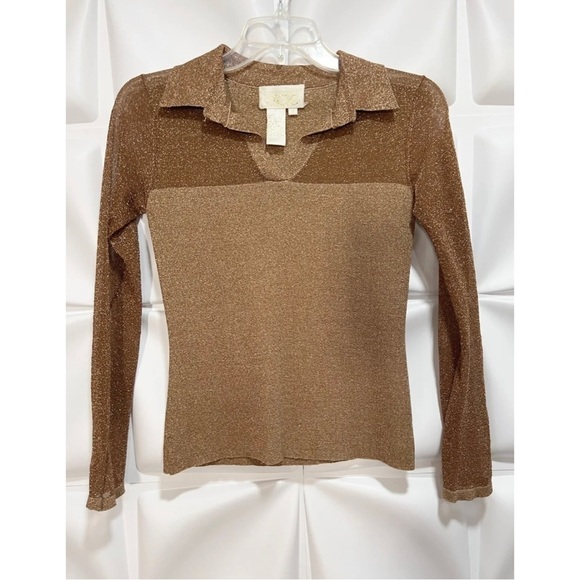 Cache Womens Sz S SILK Metallic Gold Mesh Upper Sweater Knit Blouse Top New Year - Picture 3 of 5